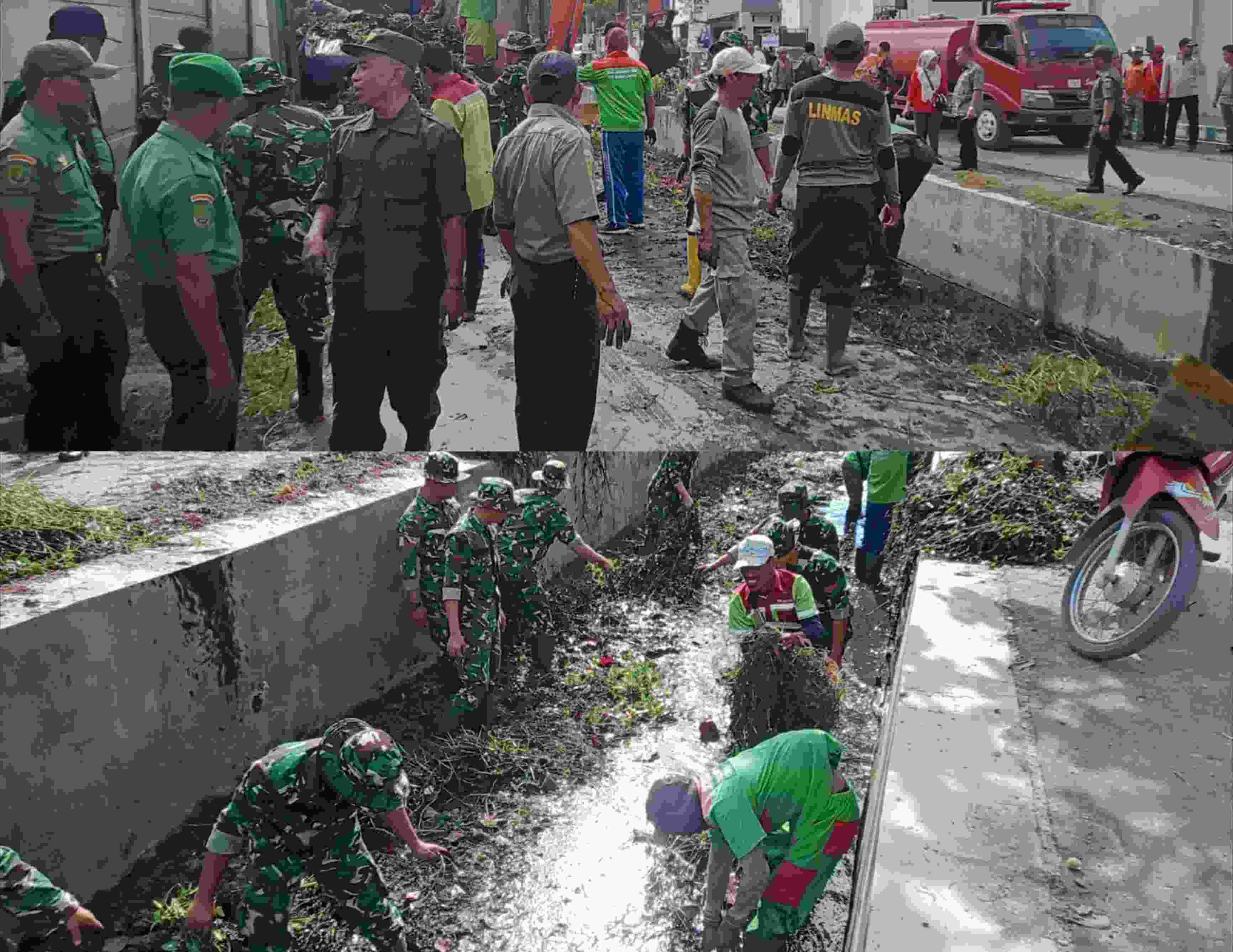 Antisipasi Banjir, TNI-POLRI Bersama Masyarakat Bersihkan Saluran Air Di Sukarame Bandar Lampung