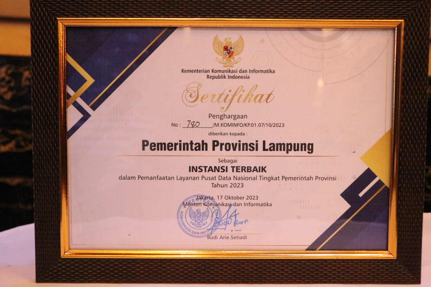 Terbaik Dalam Pemanfaatan Utilitas Pusat Data Nasional Tingkat Provinsi Tahun 2023, Provinsi Lampung Raih Penghargaan Dari Kementerian Kominfo