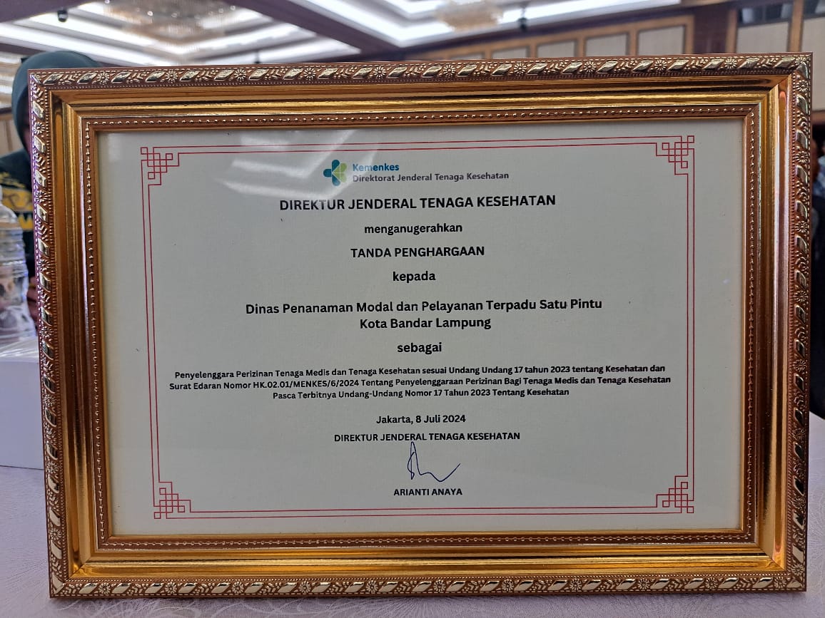 Komitmen DPMPTSP Kota Bandarlampung Diakui Kemenkes RI