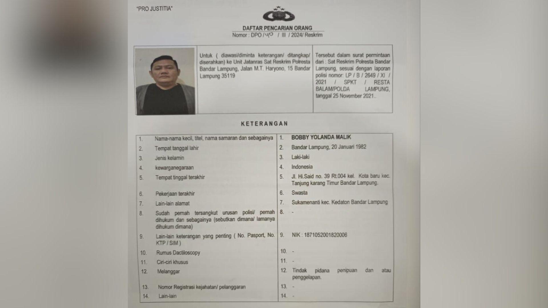 Polisi Buru Pelaku Penipuan dan Penggelapan Bobby Yolanda Malik