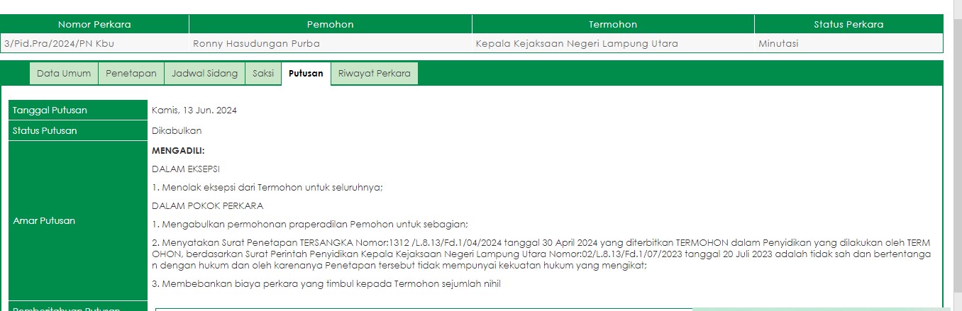 Kepala LPTS UBL Menang Prapid, Hakim Batalkan Status Tersangka