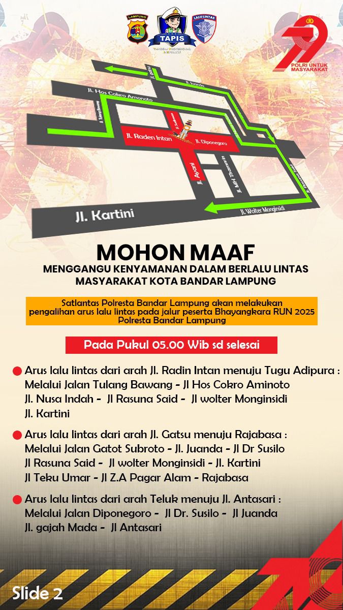 Bhayangkara Run 2025, Polresta Bandar Lampung Alihkan Arus Lalu Lintas Pagi Hari
