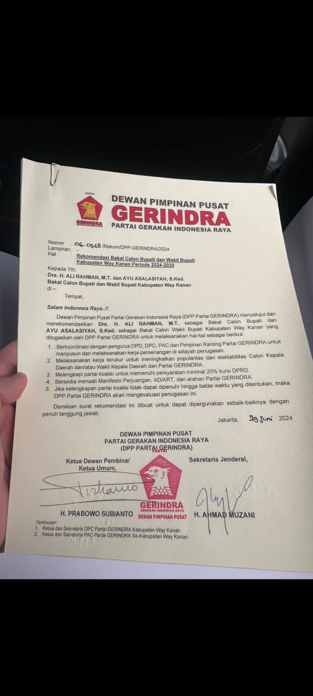 Ali Rahman dan Ayu Asalasiyah Dapat Rekomendasi Gerindra di Pilkada Waykanan