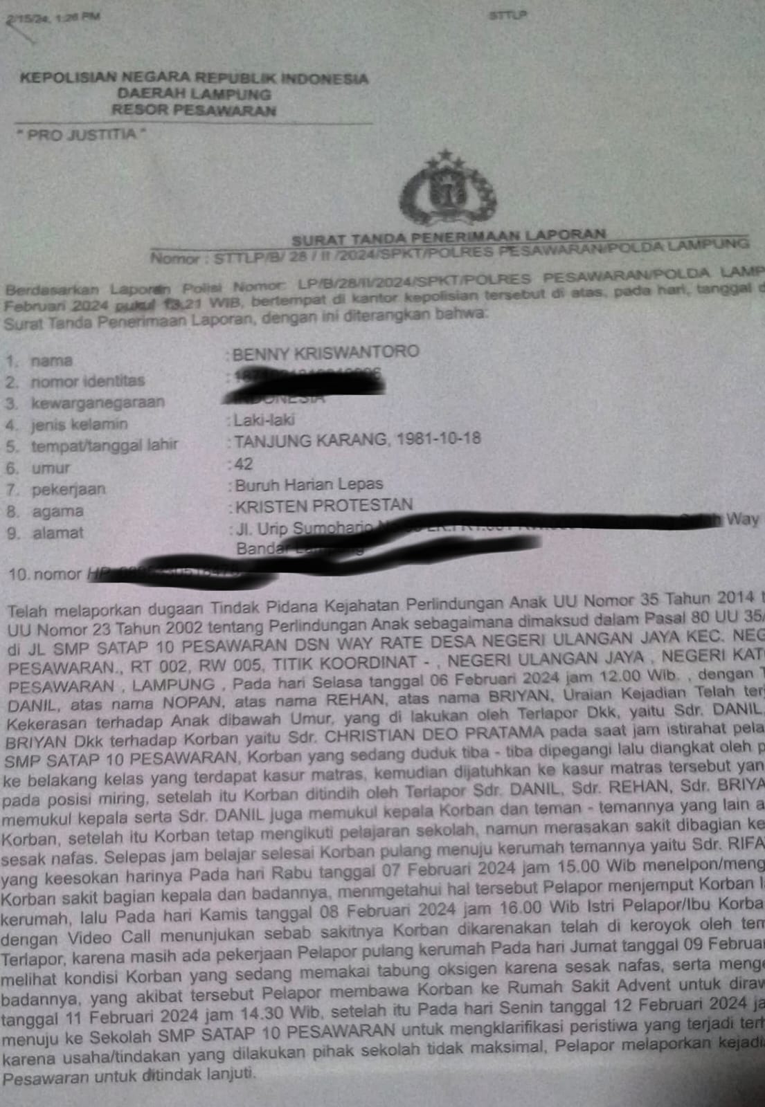 Kasus Bullying di Pesawaran, Orang Tua Korban Merasa Proses Hukum Lambat