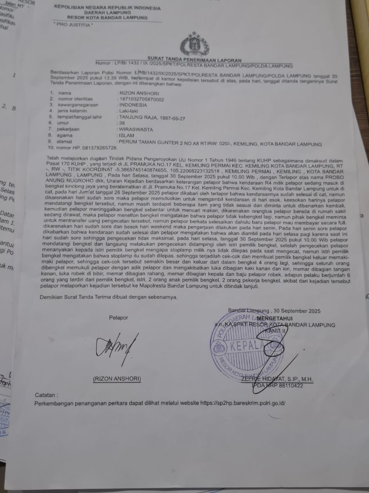 Komplain Cat Mobil Tak Sesuai, Dua Warga Kemiling Diduga Dikeroyok Pemilik Bengkel