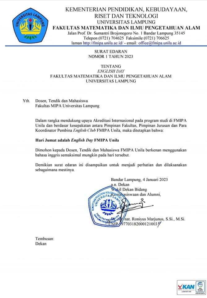Tingkatkan Akreditasi Internasional, FMIPA Unila Gagas Program English Day
