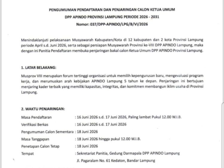 Catat Jadwal dan Syarat Pendaftaran Calon Ketua Umum Apindo Lampung 2026–2031