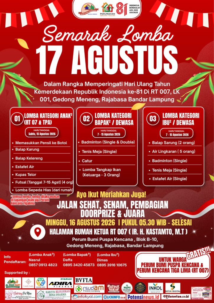 Sambut HUT Ke-81 RI, Warga RT 007 Gedong Meneng Gelar Semarak Lomba dan Jalan Sehat
